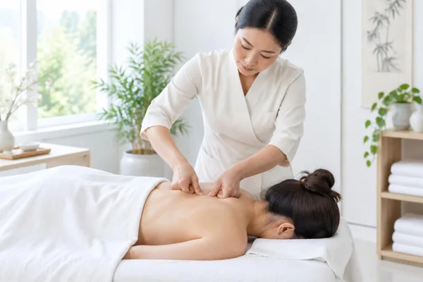 Therapist demonstrating thumb acupressure on the upper back