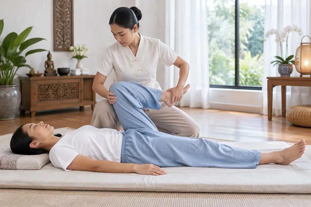 Therapist guiding a fully clothed client through a Thai leg stretch