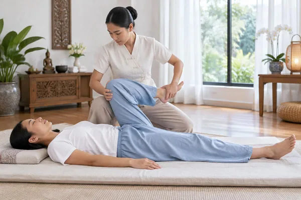 Therapist guiding a fully clothed client through a Thai leg stretch