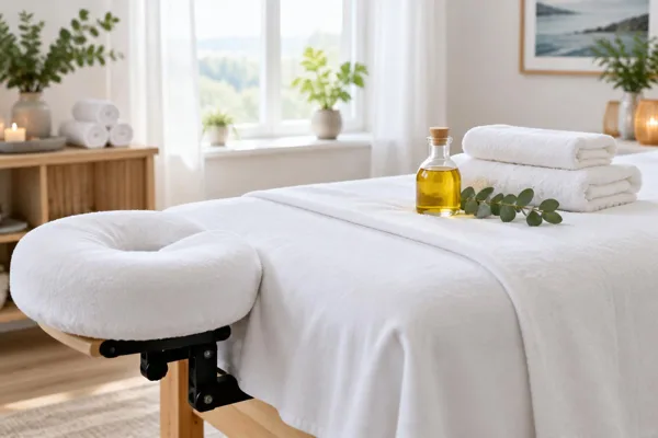 White massage table face cradle, fresh towels and Swedish massage oil
