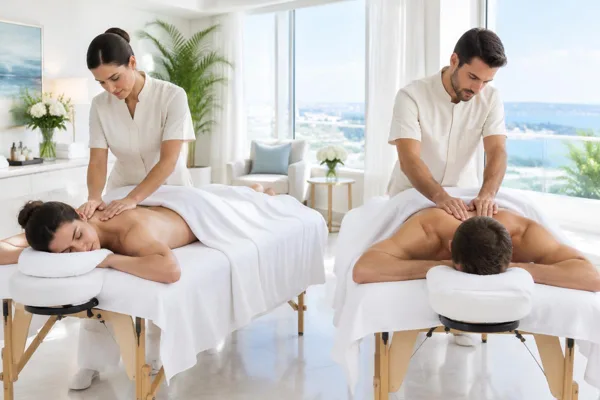 Two therapists providing side-by-side couples massage on separate tables