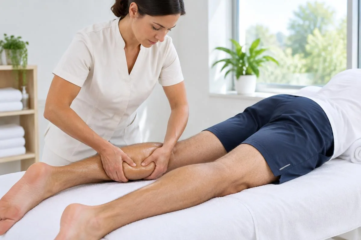 Therapist working on an athlete’s calf muscles