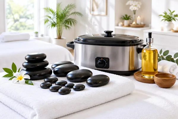 Smooth basalt massage stones, oil and a portable stone warmer