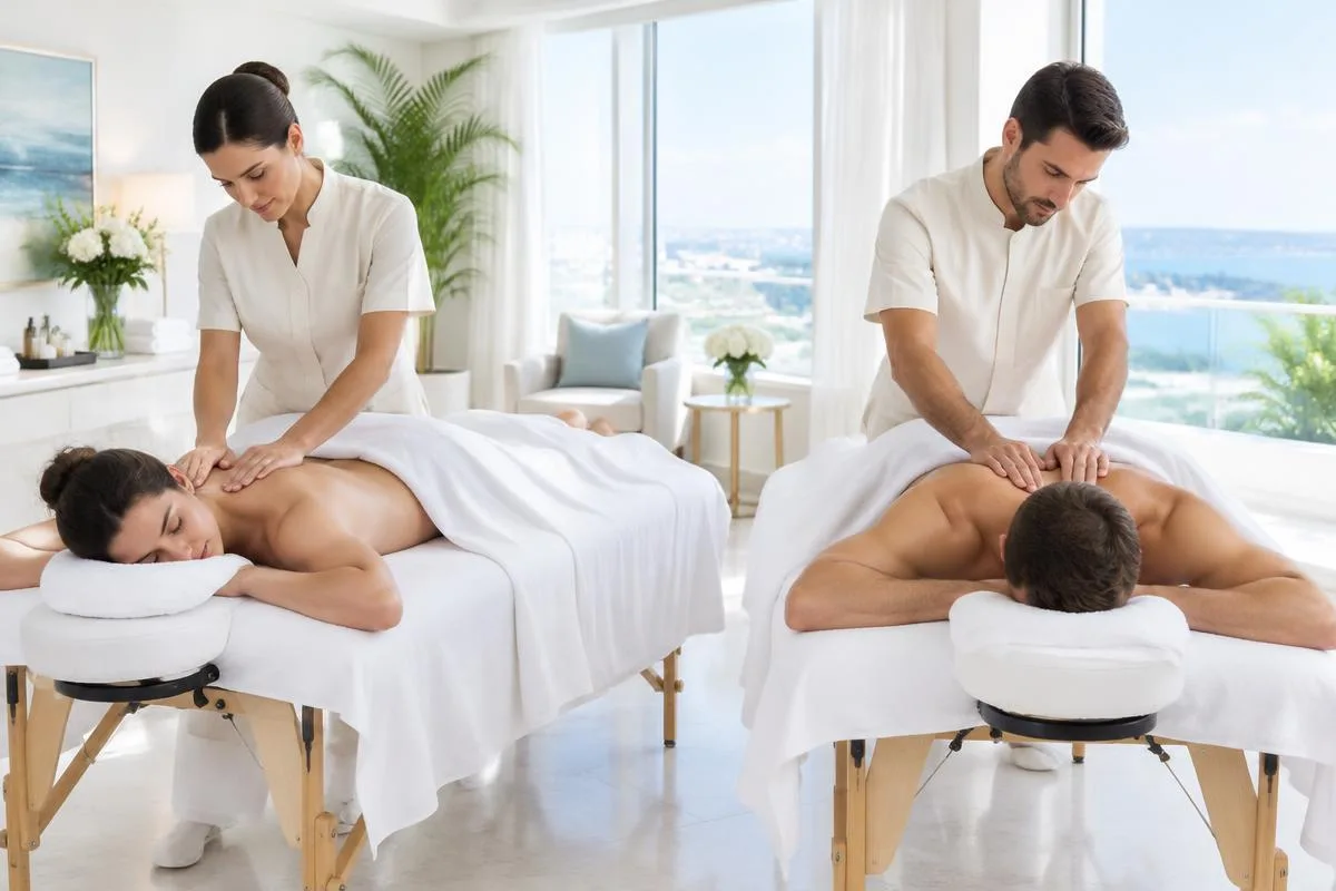 Two therapists providing side-by-side couples massage on separate tables