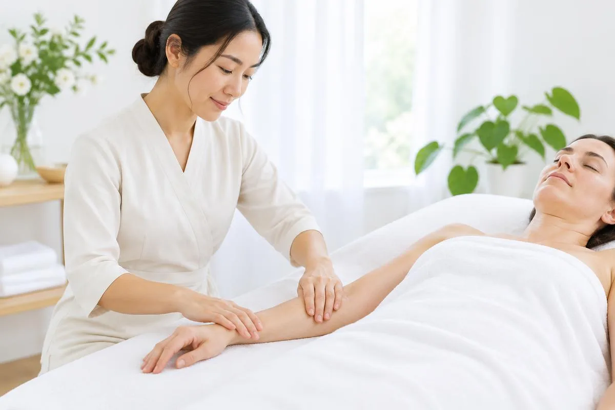 Therapist applying gentle rhythmic touch to a client’s forearm